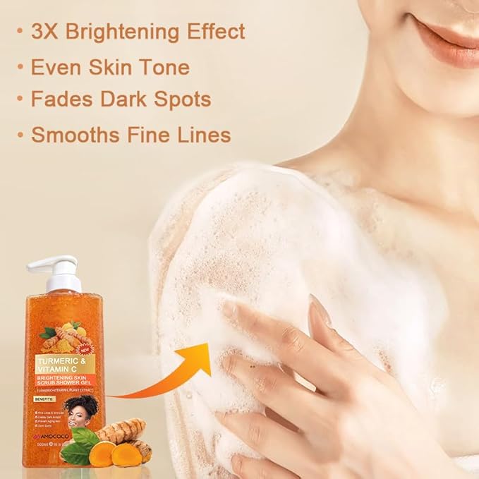 Turmeric Orange Vitamin C Body Wash with Cocoa Seed Exfoliant, Mattifying Scrub for Uneven Skin Texture, Body-Only Daily Use, 16.9 fl oz