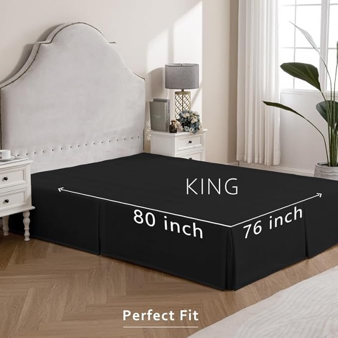 MIYE Pleated Waffle Weave Bed Skirt, Tailored Dust Ruffle 14 Inch Drop Easy Fit, Machine Washable (Black, King - 14" Drop)