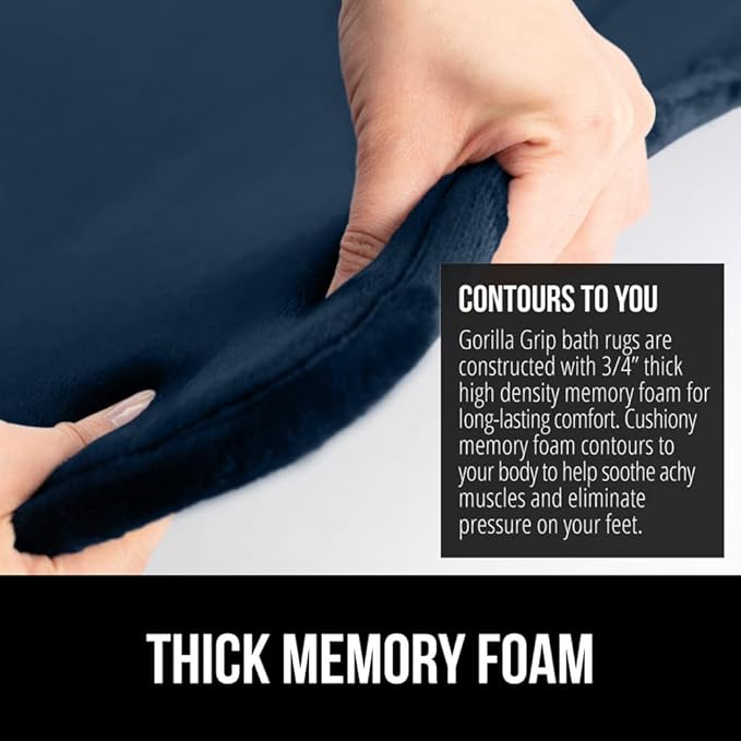 GORILLA GRIP Memory Foam Bath Rugs, Soft Absorbent Velvet Bathroom Mats, Durable Dots on Underside, Machine Washable Bathmat, Carpet Rug Room Decor for Shower Floor, 60x24 Mat, Navy Blue