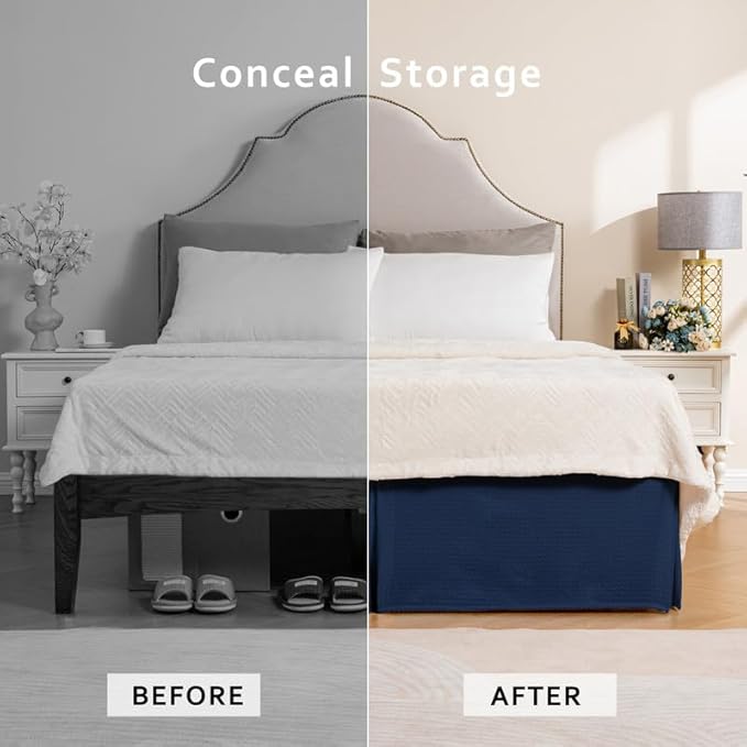 MIYE Pleated Waffle Weave Bed Skirt, Tailored Dust Ruffle 16 Inch Drop Easy Fit, Machine Washable (Navy Blue, King - 16" Drop)