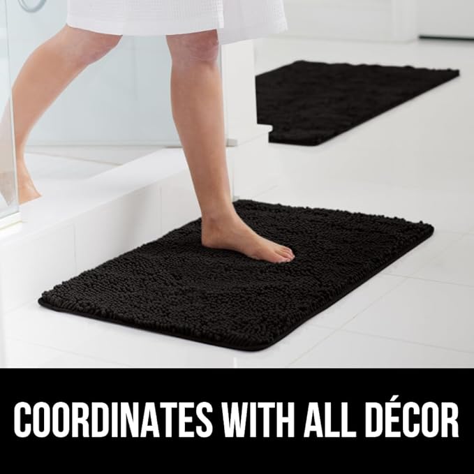GORILLA GRIP Bath Rug Mat, Thick Soft Absorbent Chenille, Quick Dry Microfiber Mats, Rubber Backing Washable Shower Floor Rugs, Bathmat Runner, US Designed Bathroom Home Decor Accessories 24x17, Black