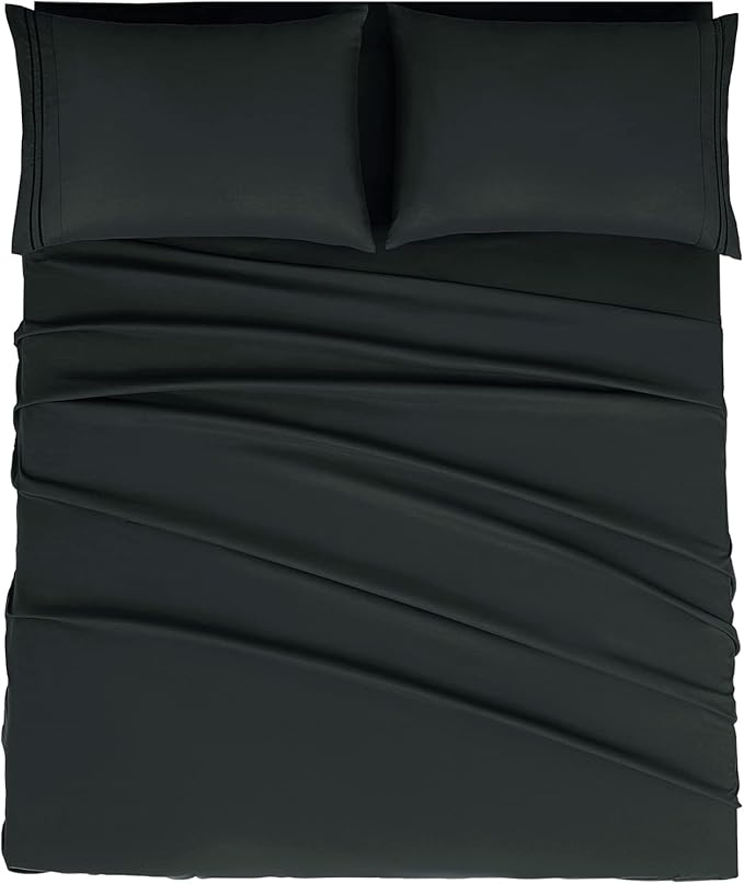Mejoroom Queen Size Sheet Set - Hotel Luxury 1800 Bedding Sheets & Pillowcases - Deep Pocket Fitted Sheet, Soft, Breathable, Wrinkle & Fade Resistant - 4 Piece (Queen, Black)