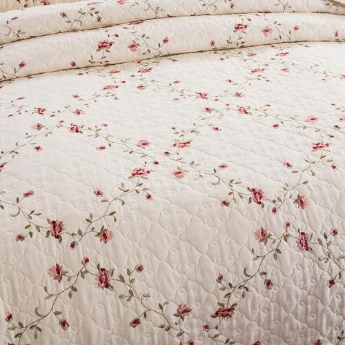 Quilt Set Floral Leaves 3D Embroidery Pattern 3 PCS Cotton Reversible Quilted Embroidered Decorative Bedspreads Coverlet Set, Lightweight &Soft Full Size Beige Bedding Coverlet for All Season