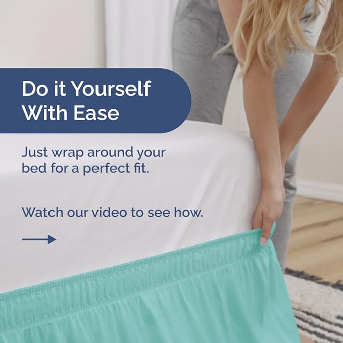 Wrap Around Dust Ruffle Bed Skirt - Spa Blue - for King Size Beds with 12 Inch Drop - Easy Fit Elastic Strap - Adjustable Pleated Bedskirt w/Brushed Fabric Wrinkle Free - for Women, Men, Kids & Teens
