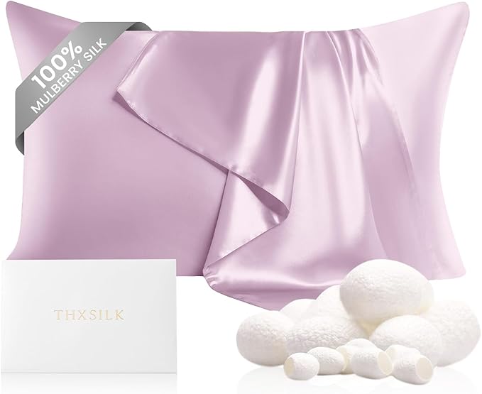 THXSILK 100% Mulberry Silk Pillowcase for Hair and Skin, Grade 6A+ Mulberry Silk Pillow Case 22 Momme, Hypoallergenic Pillow Case Cover with Zipper, 1pc (Queen 20"x30", Light Purple)