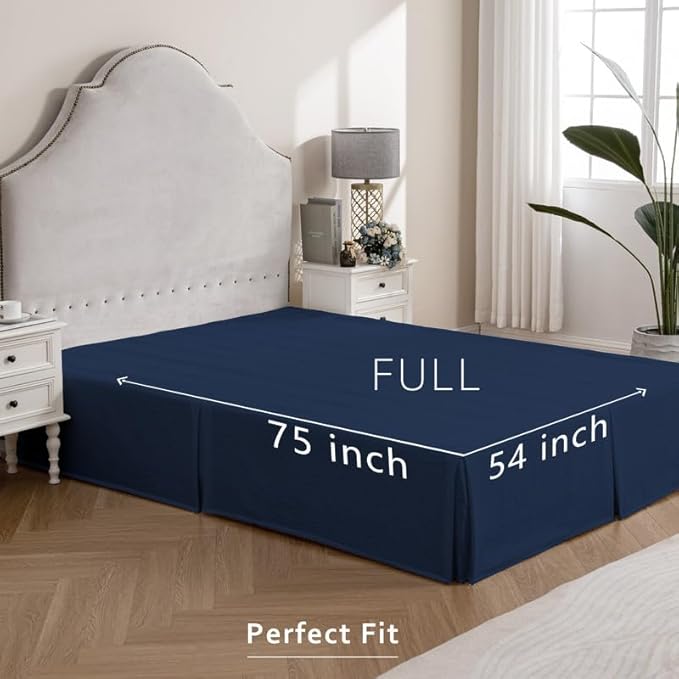 MIYE Pleated Waffle Weave Bed Skirt, Tailored Dust Ruffle 18 Inch Drop Easy Fit, Machine Washable (Navy Blue, Full - 18" Drop)