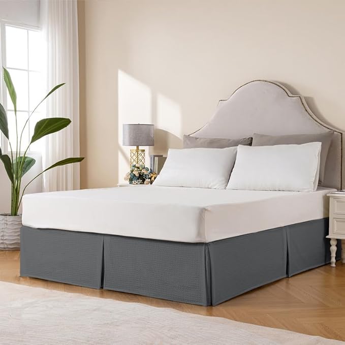 MIYE Pleated Waffle Weave Bed Skirt, Tailored Dust Ruffle 14 Inch Drop Easy Fit, Machine Washable (Dark Grey, Full - 14" Drop)