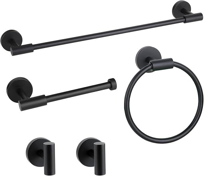 Matte Black Bathroom Hardware Accessories Set 5 Pieces, SUS304 Stainless Steel Bathroom Towel Bar Toilet Paper Holder Set Wall Mounted-19 Inch Towel Bar, Toilet Paper Holder, Towel Hooks, Towel Ring