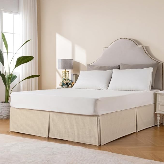 MIYE Pleated Waffle Weave Bed Skirt, Tailored Dust Ruffle 14 Inch Drop Easy Fit, Machine Washable,No Split Corners (Beige, Full - 14" Drop)