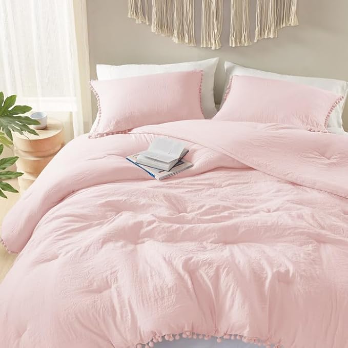 Codi Blush Pink King Comforter Set - Boho Chic Bedding with Elegant Pom Fringe, Soft Washed Microfiber 3pc Luxury Set, Lightweight & Breathable for Master Bedroom, 1 Comforter & 2 Pillow Shams