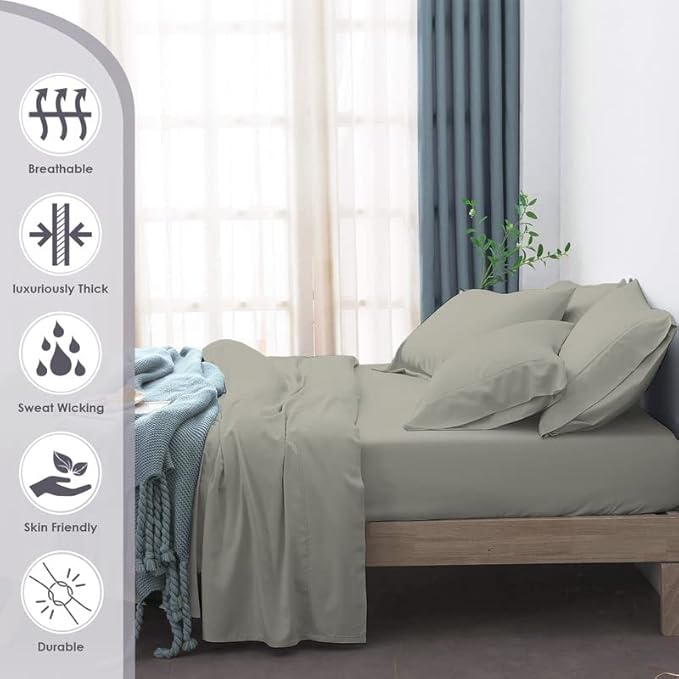 Pizuna Pure 100% Cotton Queen Size Sheet Set New Silver, 800 Thread Count 100% Long Staple Cotton Sateen Queen Sheet Set with 15" Deep 2 Extra Pillowcases (Combed Cotton Bed Sheet Set)