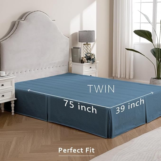 MIYE Pleated Waffle Weave Bed Skirt, Tailored Dust Ruffle 22 Inch Drop Easy Fit, Machine Washable (Blue, Twin - 22" Drop)