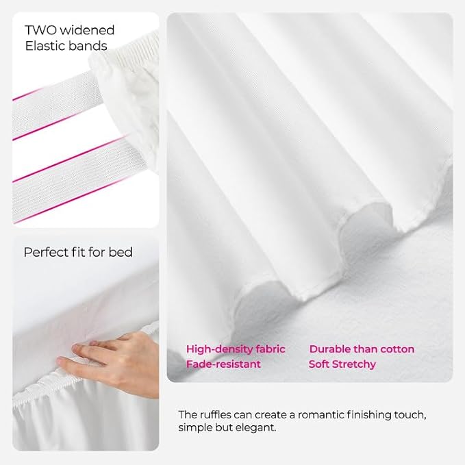 RIMELA White Bed Skirt Queen Size 15 Inch Drop, Elastic Bed Skirting for Bed Base and Frame, Bedding Dust Ruffle Easy to Install, Lightweight Wrap Around Adjustable Bedskirt