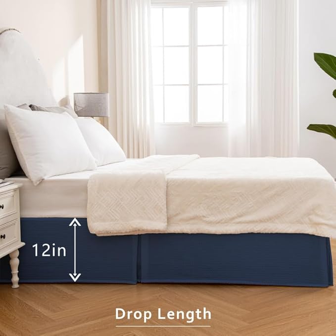 MIYE Pleated Waffle Weave Bed Skirt, Tailored Dust Ruffle 12 Inch Drop Easy Fit, Machine Washable (Navy Blue, King - 12" Drop)