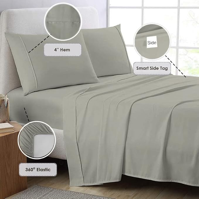 Pizuna Pure 100% Cotton Sheets California King Size, 800 Thread Count Long Staple Cotton Crisp Sateen Sheets California King with 15inch Deep Pocket (Combed Silver Cotton Sheets California King)