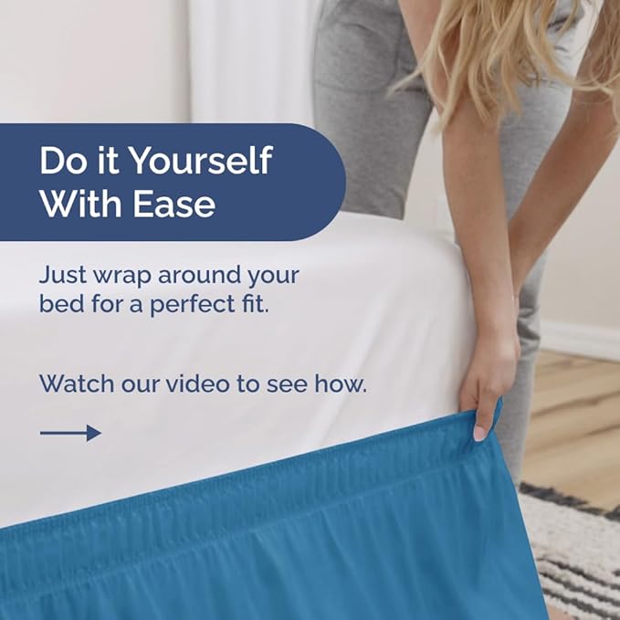 Wrap Around Dust Ruffle Bed Skirt - Denim Blue - for Queen Size Beds with 21 Inch Drop - Elastic Strap - Adjustable Pleated Bedskirt with Brushed Fabric and Wrinkle Free - For Women, Men, Kids & Teens