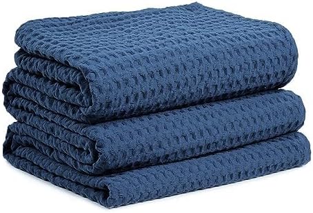 HILLFAIR 100% Cotton Blanket- 120" x 120" XXL Oversized King Bed Blankets - Family Size 10 ft x 10 ft Big - Soft Breathable Waffle Blankets for Bed - Extra Large King Cotton Blanket - Blue