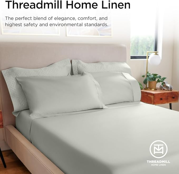 Threadmill 100% Cotton Sheets for King Size Bed - 600 Thread Count King Bed Sheets Set with 16” Deep Pocket - Sateen Weave 4-Piece Bedding Set with Cooling Effect, Light Grey