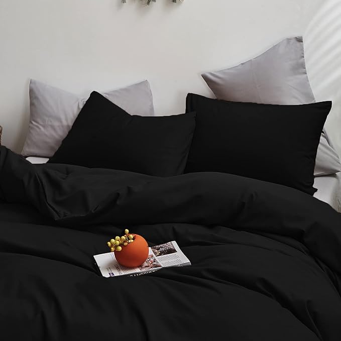Cottonight Black Comforter Set Full Men Boys Black Bedding Set Modern Dark Color Soft Quilts Blanket Modern Gothic 3 Piece Plain Comforter for Women Men Full Bed