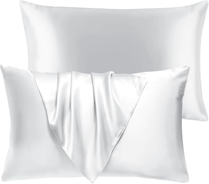 BHZ Satin Goose Down Feather Pillows Standard Size Set of 2 with White Satin Pillowcase for Hair and Skin, Cooling Pillow Cases Similar to Silk Pillow Cases, Decor for Women, Mom Men