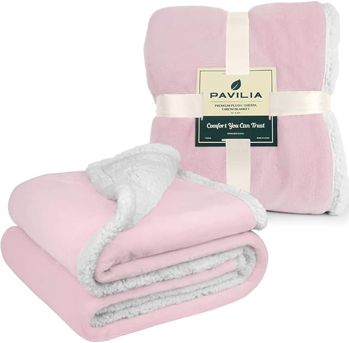 PAVILIA Sherpa Fleece Throw Blanket for Couch, Twin Size, Light Pink, Plush Soft Fuzzy Sofa Blanket, Cozy Reversible Winter Throw for Women Men, 60x80 Inches