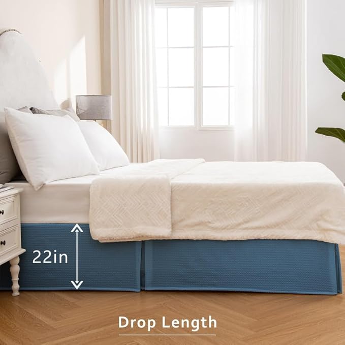 MIYE Pleated Waffle Weave Bed Skirt, Tailored Dust Ruffle 22 Inch Drop Easy Fit, Machine Washable (Blue, Twin - 22" Drop)