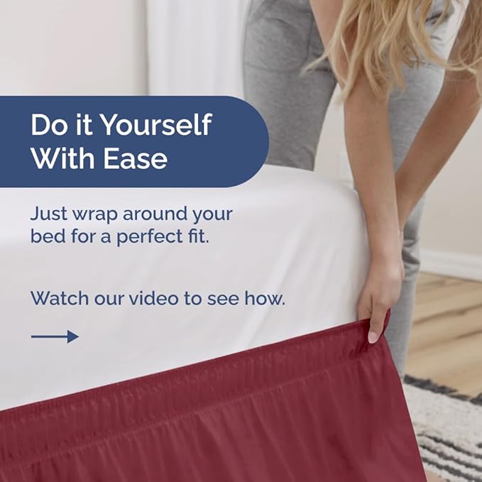 Wrap Around Dust Ruffle Bed Skirt - Burgundy - for Queen Size Beds with 12 Inch Drop - Elastic Strap - Adjustable Pleated Bedskirt with Brushed Fabric and Wrinkle Free - for Women, Men, Kids & Teens