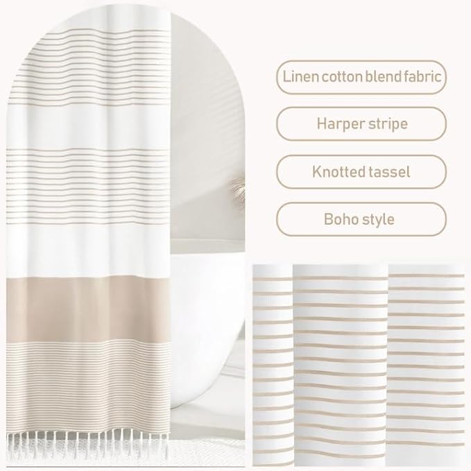 Awellife Boho Beige Shower Curtain for Bathroom Stripe Tassel Shower Curtain 54 X 72 Inches Farmhouse Cotton