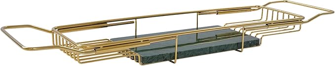 Bathtub Tray Caddy for Luxury Bath, Stainless Steel 26.8-35.4 in Expandable Extra Wide Bath Tub Tray with Natural Marble and Mobile/Tablet Stand, Ideal for Home Spa Lovers (Gold + Green)