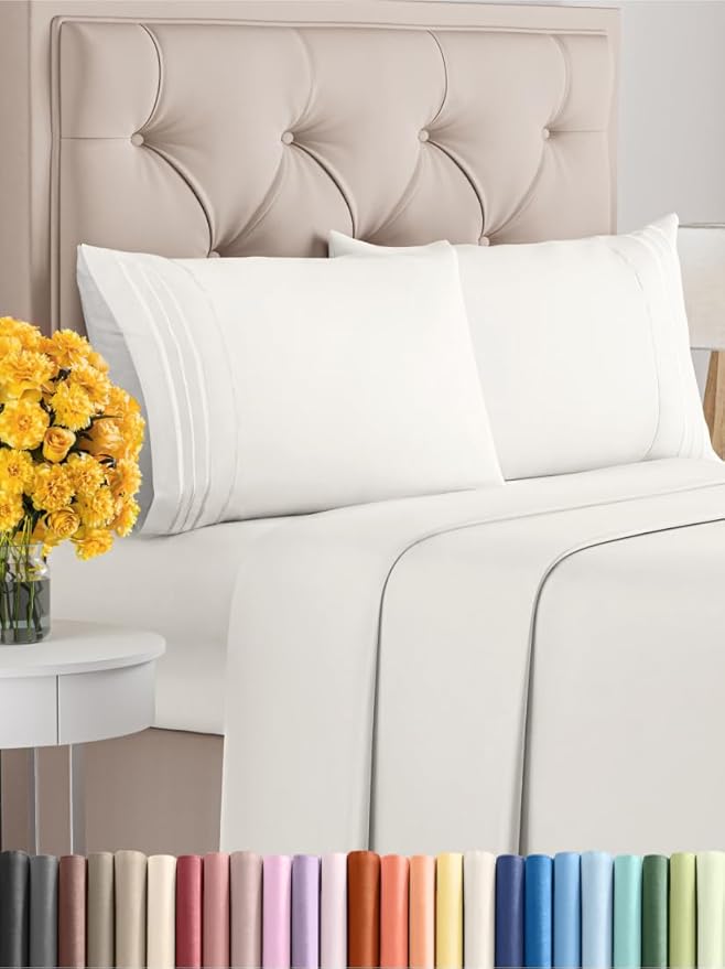 Cal King Size 4 Piece Sheet Set - Extra Soft, Breathable & Cooling Sheets - Hotel Luxury Bed Sheets for Women & Men - Deep Pockets, Easy-Fit & Wrinkle-Free Sheets - Antique White Oeko-Tex Bed Sheets