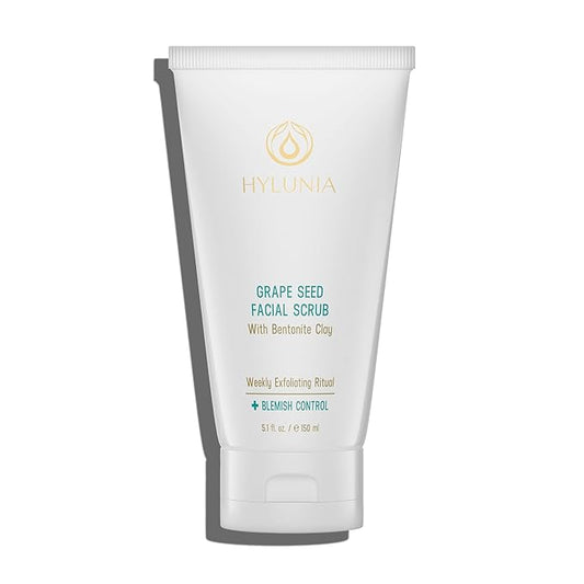 Hylunia Skincare Grape Seed Facial Scrub – Gentle Exfoliating Face Scrub with Ground Grape Seed, Bentonite Clay, and Alpha Hydroxy Acid for smooth, glowing skin and refined pores, 5.1oz