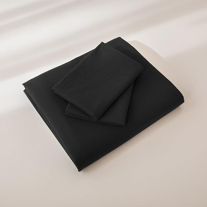 JIYUAN 100% Washed Cotton Duvet Cover Set 3 Pieces King, 1 Duvet Cover 104x90 Inches(Comforter Not Included) and 2 Pillowcases,Linen Feel Bedding Set Comfy and Breathable,Black