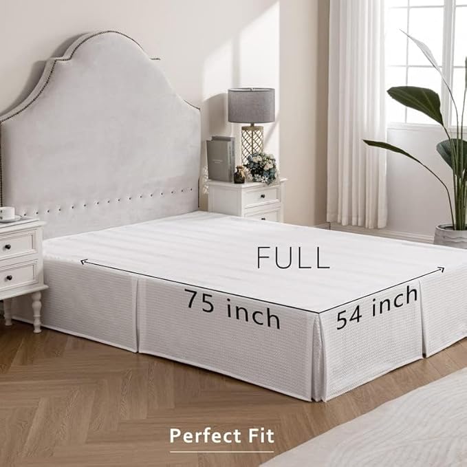 MIYE Pleated Waffle Weave Bed Skirt, Tailored Dust Ruffle 16 Inch Drop Easy Fit, Machine Washable (White, Full - 16" Drop)