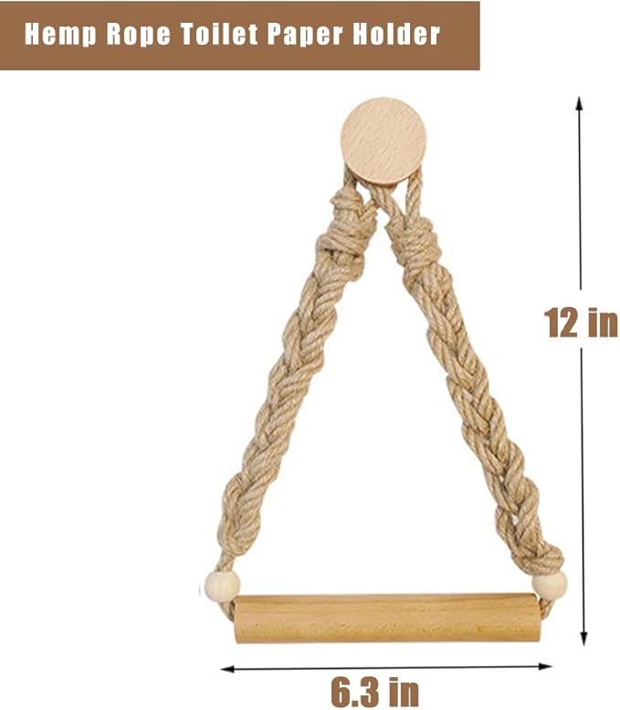 Rattan Toilet Paper Holder, Boho Rope Wood Hanging Tissue Rolls Paper Holder Wall Mounted, Rustic and Natural Unique Bathroom Accessories with Self-Adhesive Seamless Screw