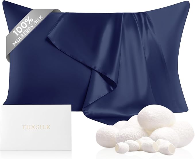 THXSILK 100% Mulberry Silk Pillowcase with Zipper, 22 Momme 6A+ High Grade Silk, Pillowcase for Hair and Skin, King Size Pillow Cover 26"x36", Navy Blue