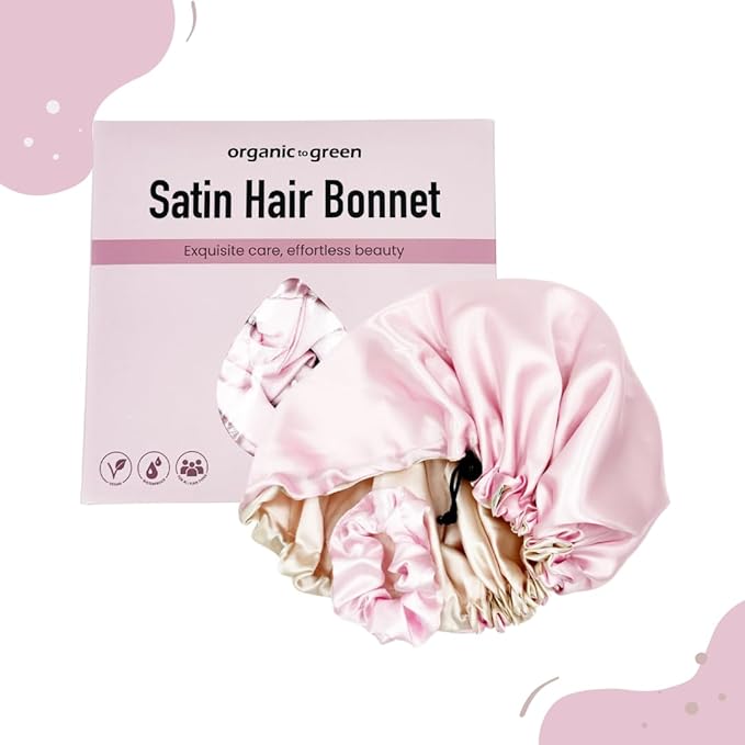 Organic To Green Satin Hair Bonnet, Adjustable Hair Bonnet for Sleeping Hair Bonnets for Women Curly Natural Hair