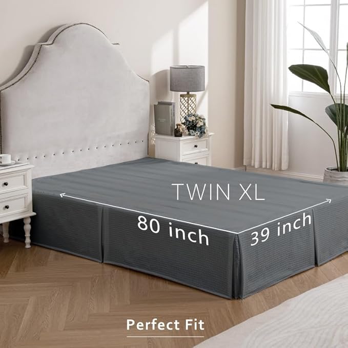 MIYE Pleated Waffle Weave Bed Skirt, Tailored Dust Ruffle 22 Inch Drop Easy Fit, Machine Washable (Dark Grey, TwinXL - 22" Drop)