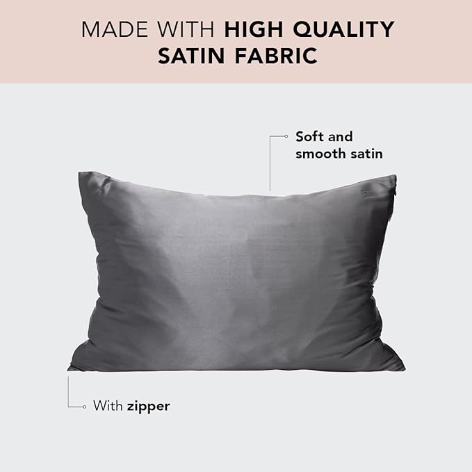 Kitsch Satin Pillowcase with Zipper for Hair & Skin, Softer Than Silk Pillow Cases King, Wrinkle-Free, Smooth and Cooling Satin Pillow Covers, King Size 19"x36" - Charcoal