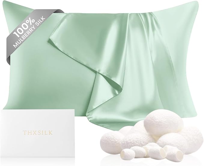 THXSILK 100% Mulberry Silk Pillowcase for Hair and Skin, Grade 6A+ Mulberry Silk Pillow Cases 22 Momme, Hypoallergenic Pillow Case Cover with Zipper, 1pc (Queen 20"x30", Turquoise Green)