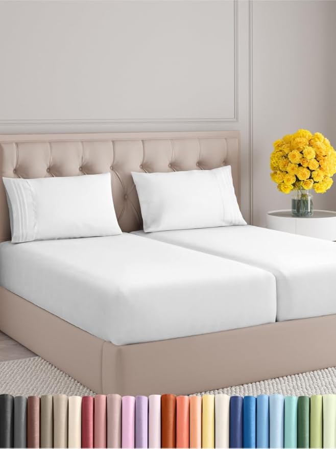 Split King Size 5 Piece Sheet Set - Extra Soft, Breathable & Cooling Sheets - Hotel Luxury Bed Sheets for Women & Men - Deep Pockets, Easy-Fit & Wrinkle-Free Sheets - Bright White Oeko-Tex Bed Sheets
