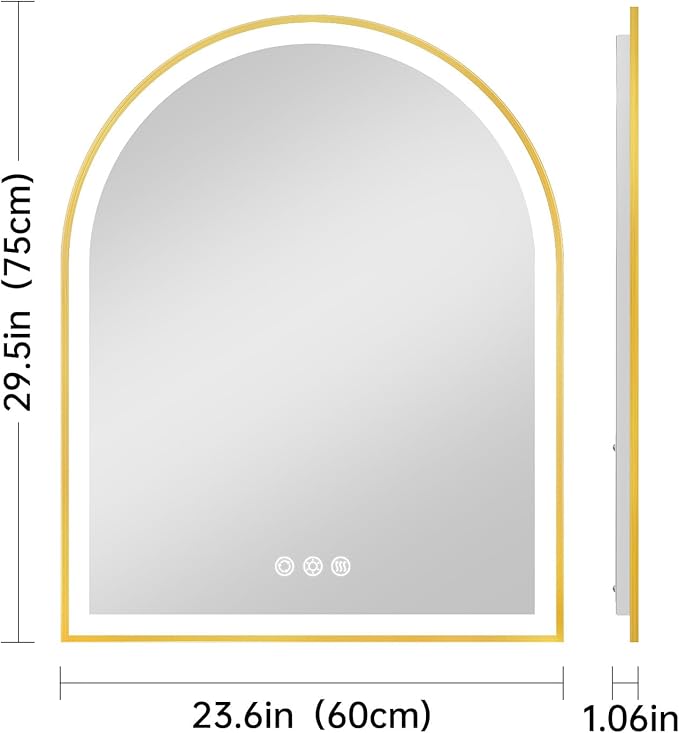 Arched LED Mirror for Bathroom 24"x30", Brushed Gold Lighted Bathroom Mirror with Lights, Fogless, Dimmable, Shatterproof, Touch Sensor, 3 Color Changing
