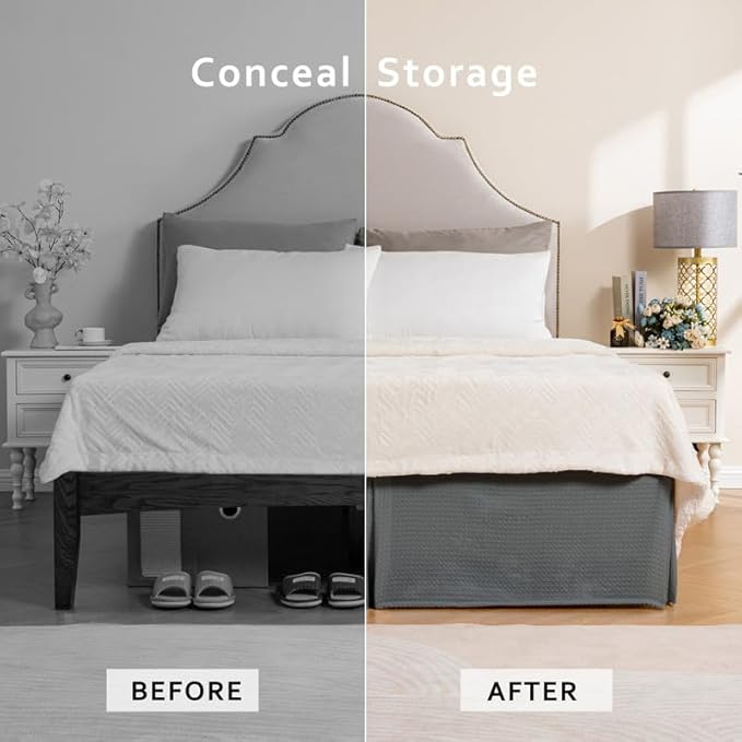 MIYE Pleated Waffle Weave Bed Skirt, Tailored Dust Ruffle 12 Inch Drop Easy Fit, Machine Washable (Dark Grey, Queen - 12" Drop)