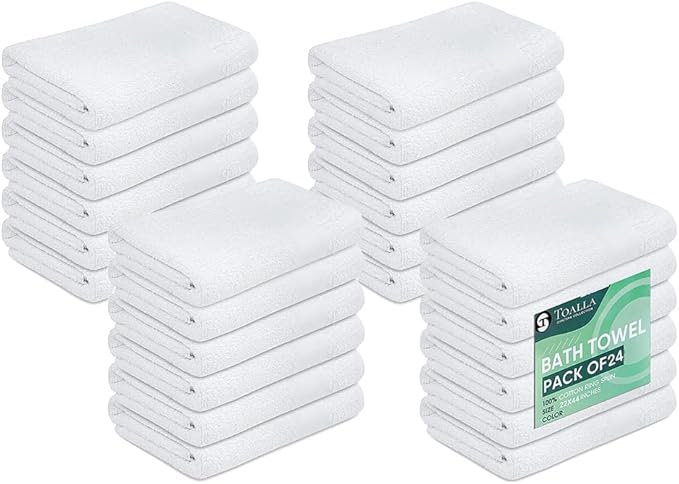 Pack of 24 White Bath Towels - Economy Cheap 22x44 Inches - Lightweight Quick Drying Towels Sets for Commercial Uses, Gym, Salon, Spa & Hair