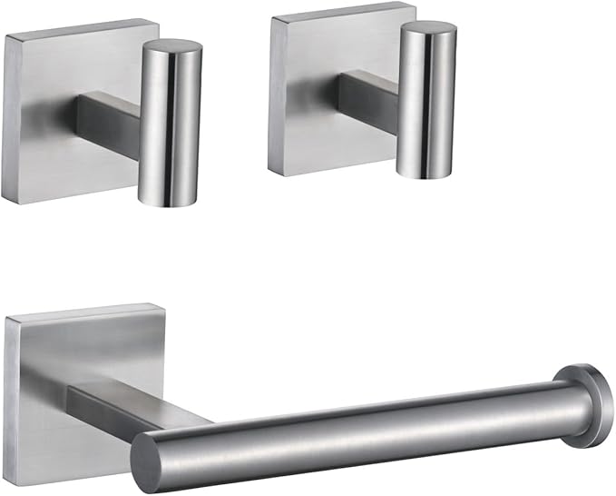 Brushed Nickel Bathroom Hardware Set, Toilet Paper Holder with 2 Square Towel Hooks, 3PCS SUS 304 Stainless Steel Set, Wall Mounted, Rust Resistant, Modern Fingerprint-Free Finish (Silvery)