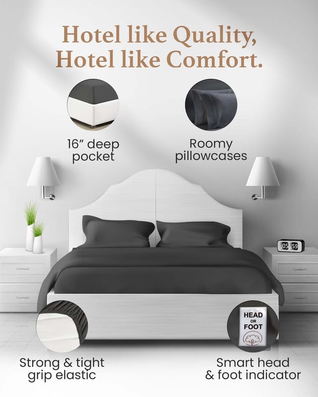 Good Sleep Bedding 100% Egyptian Cotton Queen Sheets - Bedsheets Queen Size Bed, 4 Pc, Queen Bed Sheet Set, Luxury Sateen Weave, 16" Deep Pocket Queen Sheet Set - Dark Grey Sheets Queen Size