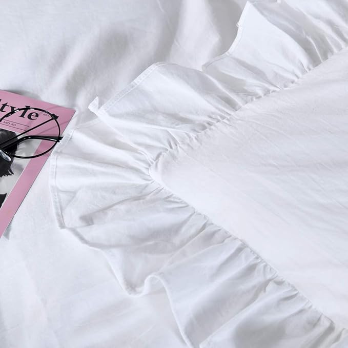 QSH White Ruffle Duvet Cover Queen Washed Cotton Farmhouse Shabby Boho Chic Bedding Comforter Quilt Cover 3 Pieces Vintage Aesthetic French Country Queen Bed Set Extra Soft Breathable