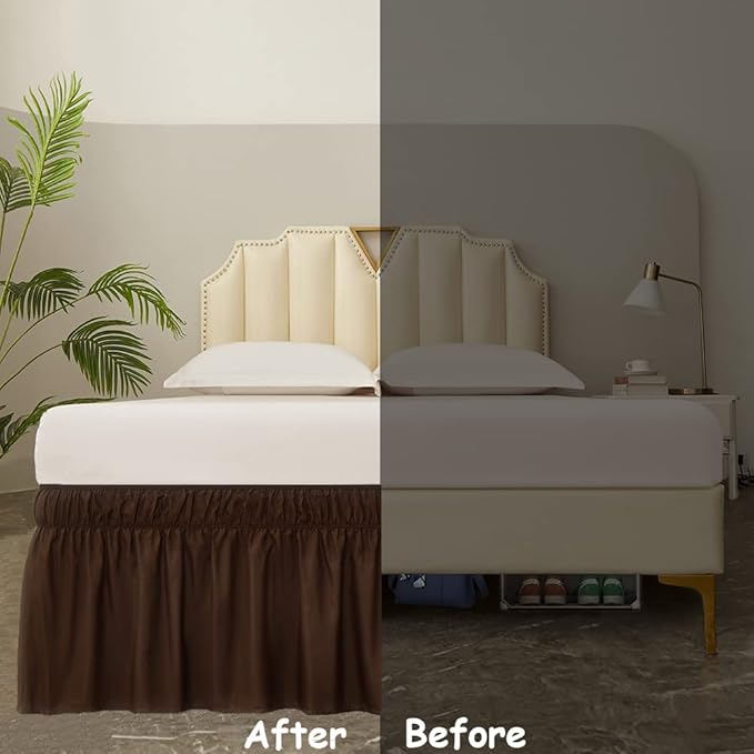MEILA Wrap Around Bed Skirt Three Fabric Sides Elastic Dust Ruffled 14 Inch Tailored Drop,Easy to Install Fade Resistant-Brown, Twin/Full