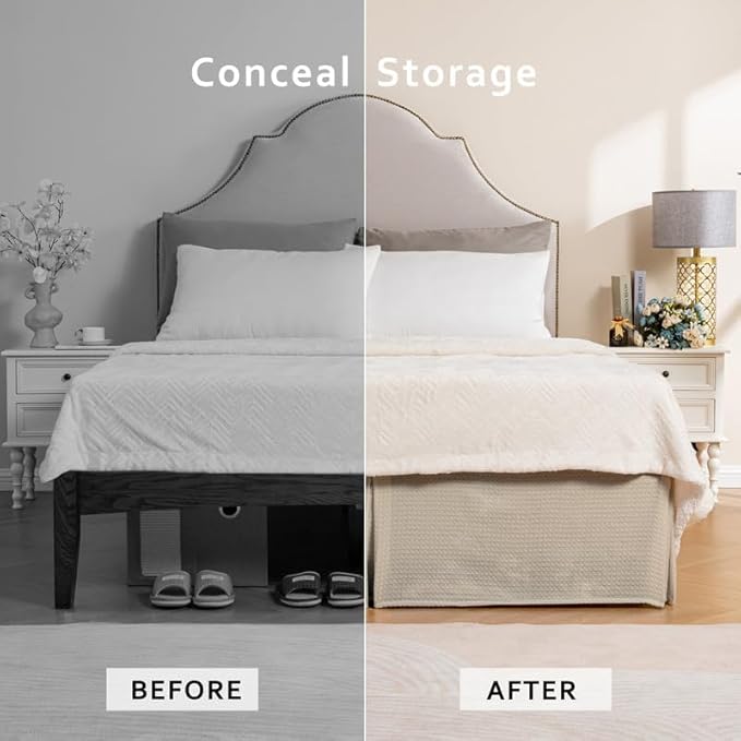MIYE Pleated Waffle Weave Bed Skirt, Tailored Dust Ruffle 16 Inch Drop Easy Fit, Machine Washable,No Split Corners (Beige, King - 16" Drop)