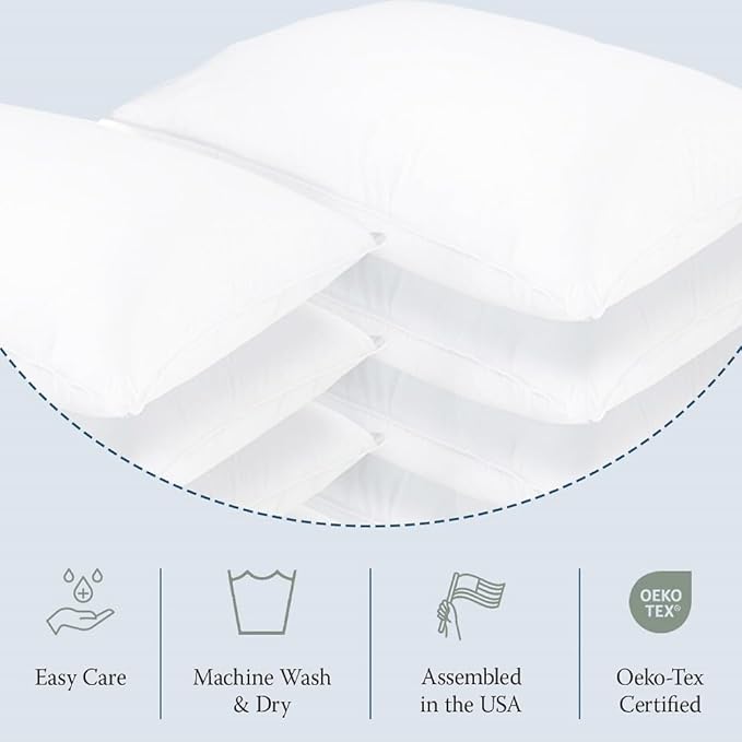 DOWNLITE 4-Pack Set of Hotel Style Hypoallergenic Down Alternative Bed Pillows – King Size, 20” x 36” – Soft/Medium Density, for Stomach & Back Sleepers – Machine Washable & Dryable