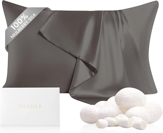 THXSILK 100% Pure Mulberry Silk Pillowcase, 22 Momme 6A+ High-Grade Fibers - Silk Pillowcase for Hair and Skin, King Size Silk Pillow Case with Hidden Zipper - Dark Grey